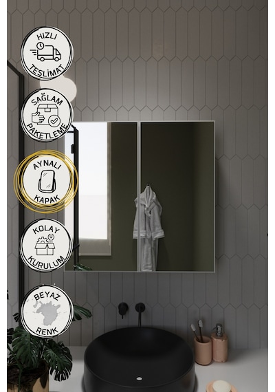 2 Aynalı Banyo Dolabı İki Kapaklı Lavabo Üstü Banyo Dolabı Beyaz