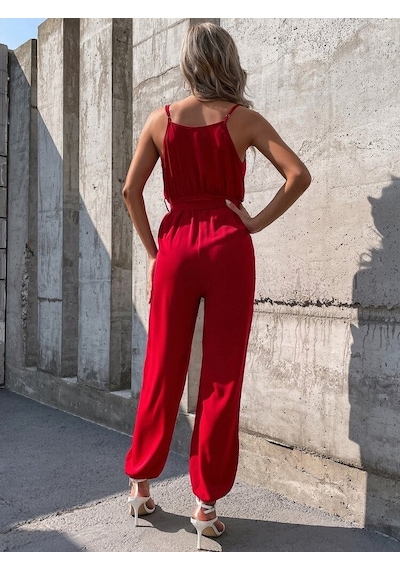 Efnaz Style Kadın Ip Askılı Kruvaze Yakalı Belden Kuşaklı Uzun Sandy Tulum Kırmızı Efnaz Style Kadın Ip Askılı Kruvaze Yakalı Belden Kuşaklı Uzun Sandy Tulum Kırmızı