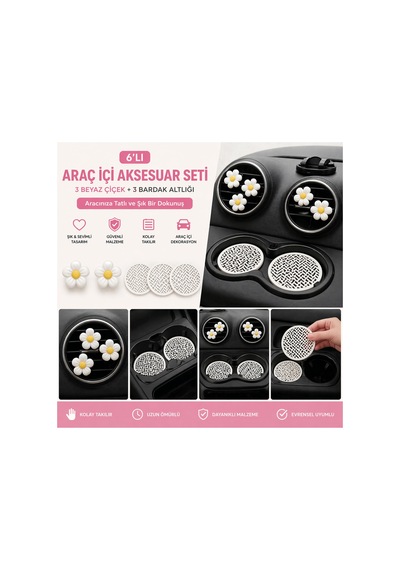 Beyaz Bardaklık Altlığı & Sarı Beyaz Papatya Klima Süsü 6 Lı Araç İçi Aksesuar Seti