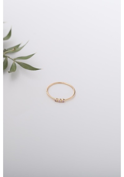 14 Ayar Altın Üç Taşlı Minimal Beyaz Yüzük Sarı Altın