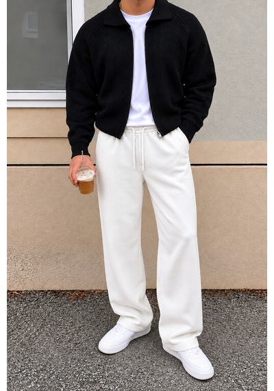 Tarz Cool Erkek Oversize Baggy Fit Eşofman Altı %100 Pamuk 3 İplik Şardonlu Bol Paça Rahat Kesim Beyaz