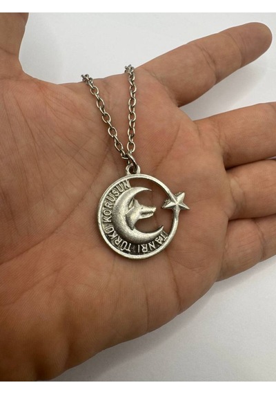 Göktürkçe Tanrı Bizi Korusun Yazılı Ay Yıldız Ve Bozkurt Desenli Gümüş Renk Unisex Kolye Çok renkli