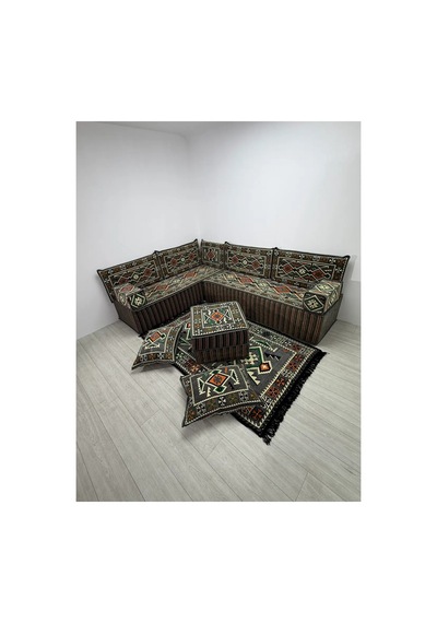 40 Cm Kalın Süngerli Gri Anadolu Motifli Şark Köşesi - Kilim Desenli L Yer Minderi Ve Halı Seti