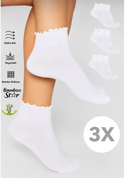 Bamboo Star Bambu Kadın Fırfırlı Patik Lastiksiz Dikişsiz Beyaz Çorap 3lü Paket