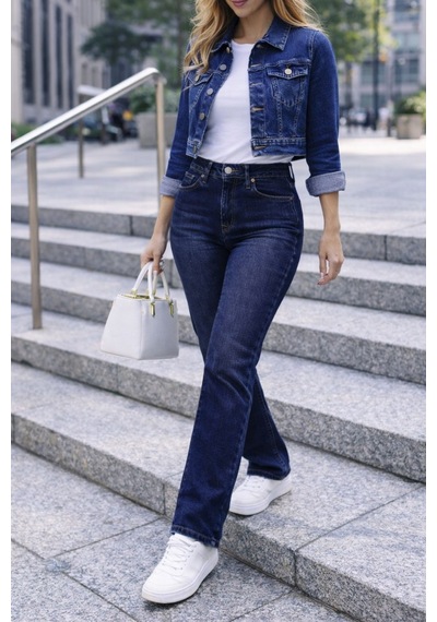 Cedy Denim Kadın Boru Paça Yüksek Bel Regular Fit Likralı Pantolon Mavi