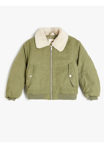 Koton Oversize Bomber Ceket Peluş Yakalı Cep Detaylı Haki 5wkg20016aw Haki