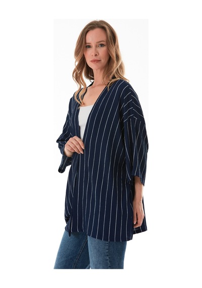 Fullamoda Çizgili Bürümcük Kumaş Kimono Lacivert