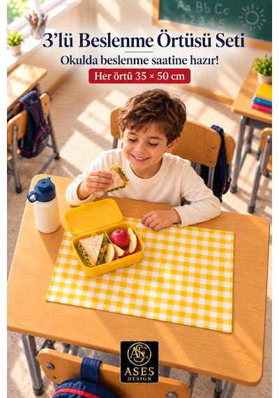 3 Lü Set Yıkanabilir Beslenme Örtüsü 35x50 Cm Sarı Beyaz Kareli - Anaokulu Ve İlkokul