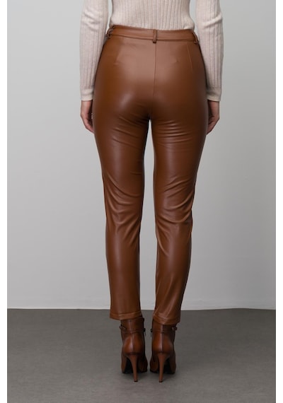 Olcay Deri Görünümlü Dikiş Detaylı Skinny Fit Pantolon Taba 7562