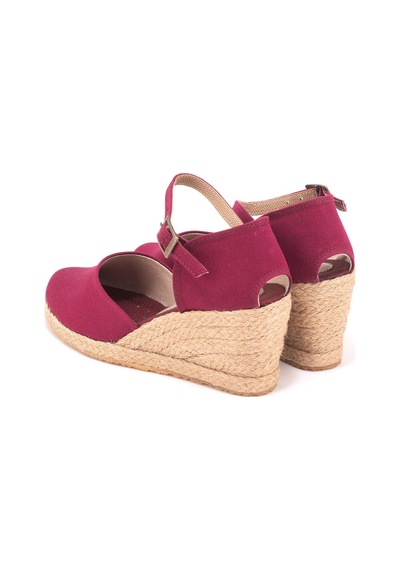 Gerçek Elişi Bilekten Bantlı Topuğu Açık Keten Espadril Dolgu Topuk Handmade Bordo