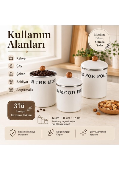 3'lü Emaye Saklama Kabı Seti, Ahşap Topuzlu Kapaklı Beyaz Mutfak Kavanozu, Kahve Çay Şeker Bakliyat Ve Kuru Gıda Düzenleyici Çok Renkli