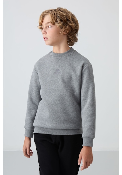 Tommylife Tommy Life Gri Melanj Pamuklu Kalın İçi Tüylü Yumuşak Dokulu Standart Fit Nakışlı Erkek Çocuk Sweatshirt - 112 Gri Melanj