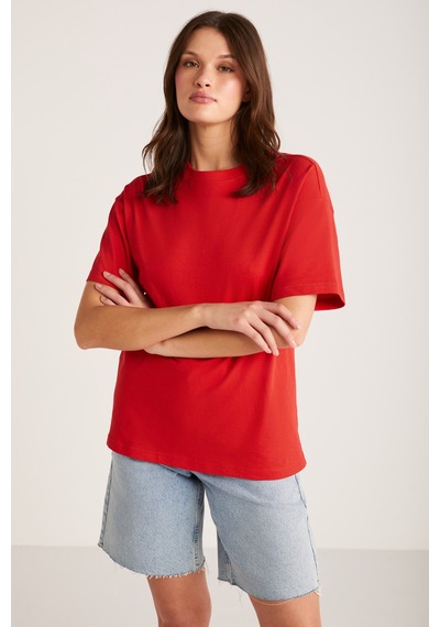 ETHIQUET AGERTHA Kadın %100 Organik Pamuklu Regular Fit Bisiklet Yaka Kısa Kollu Kırmızı T-shirt