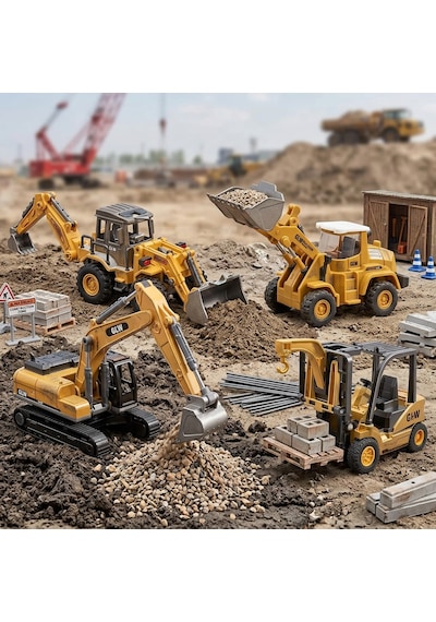 Diecast Oyuncak Metal İnşaat Araçları Çift Taraflı Dozer Kepçe Sürtmeli Kazıcı Ve Yükleyici Kutulu Sarı
