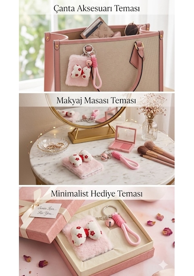 Pembe Peluş Kırmızı Beyaz Fiyonk Tasarımlı Çift Taraflı Katlanabilir Makyaj Aynası Çanta Aksesuarı Çok Renkli
