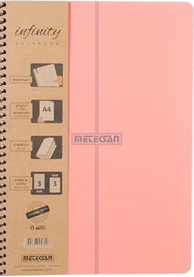 Infinity Pastel Serisi, A4, 6 Konulu 3 Kareli, 3 Çizgili 180 Yaprak Pp Kapaklı Spiralli Defter, Pembe 103 Ivory
