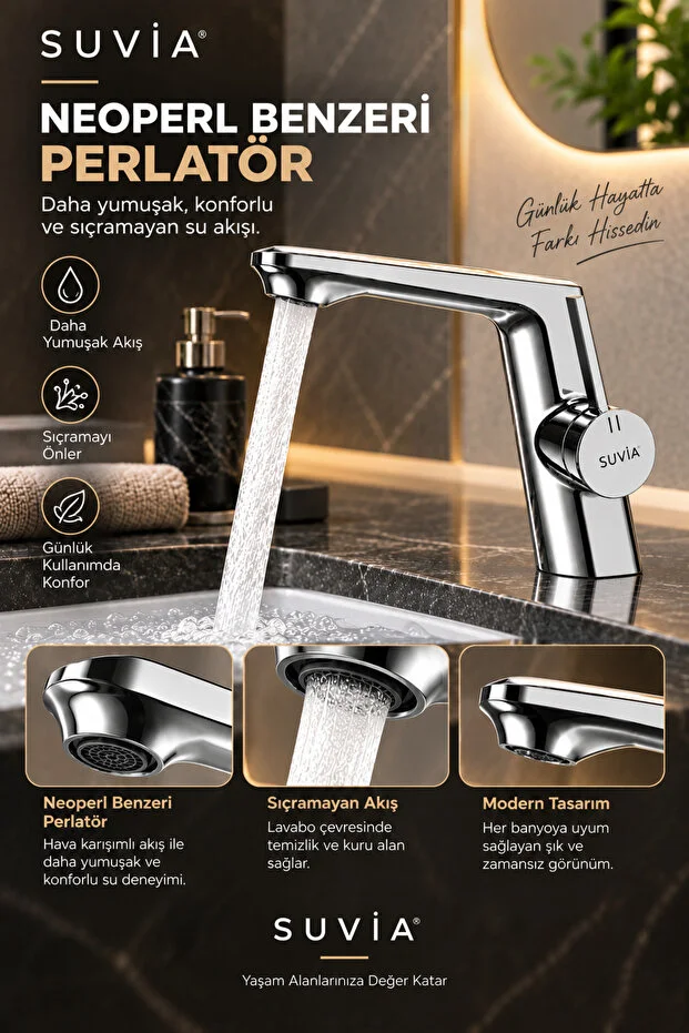 Lavabo Bataryası Pirinç Gövde Krom Kaplama Banyo Musluğu Modern Tasarım Sıcak Soğuk Su