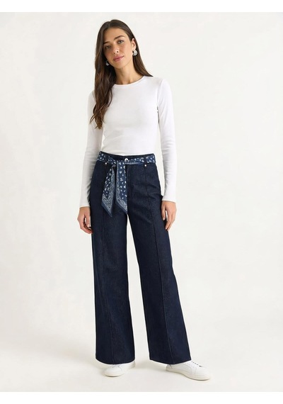 Shade Kadın Saten Kemer Detaylı Wide Leg Denim Pantolon 7510 60283941 - Lacivert