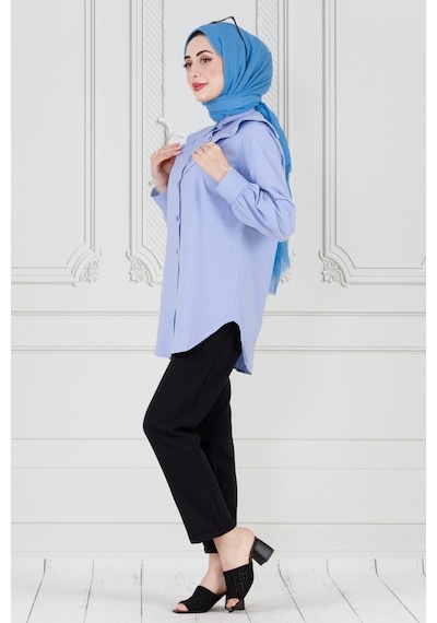 Sevitli Yakası Kat Detaylı Poplin Tunik-bebe Mavi-3655-bebe Mavi Bebek Mavisi