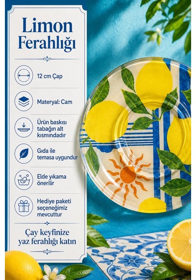 6 Lı Cam Çay Tabağı Limon Desenli, Mavi Çizgili 12 Cm 6 Adet Çay Tabak Sarı