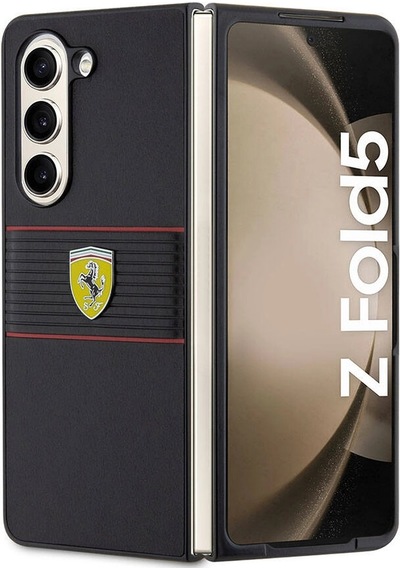 Samsung Uyumlu Galaxy Z Fold 5 Kılıf Ferrari Lisanslı Pu Deri Metal Logolu Multi Çizgili Kapak