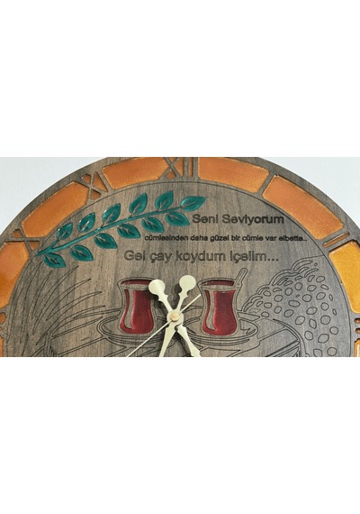 Ahşap Desen Duvar Saati - Gel Çay Koydum - Epoksi Reçine Kaplamalı - 40 Cm Ahşap