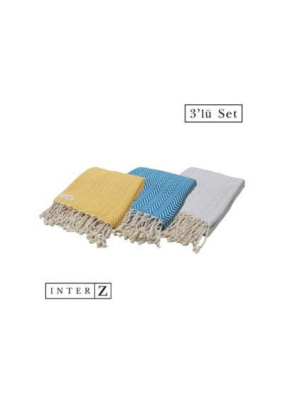 3'lü Set Peştemal Plaj Havlusu , %100 Pamuk , Xxl 100x180cm, Marmaris, Sarı-gri-mavi