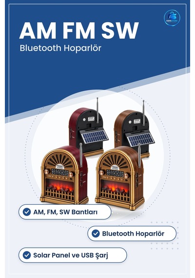 Solar Şarjlı Nostaljik Radyo Bluetooth Hoparlör Am Fm Sw Usb Type