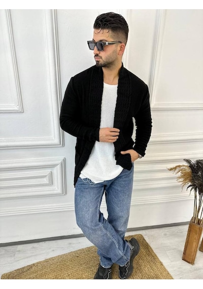 Elku Moda Hırka Örgülü Şal Yaka Cepli Tüylenmez Örgü Triko Hırka Siyah