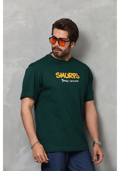 Erkek Kısa Kol Yazlık Tişört Bisiklet Yaka Baskılı Oversize T-shirt - Yeşil