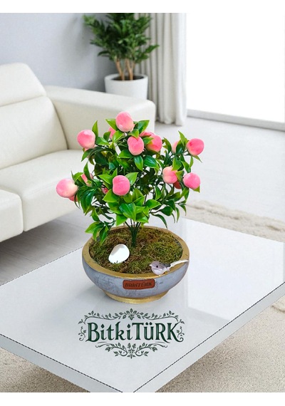 Bitkitürk-beton Saksıda Yapay Şeftali Ağacı Bonsai Ofis Salon Caf