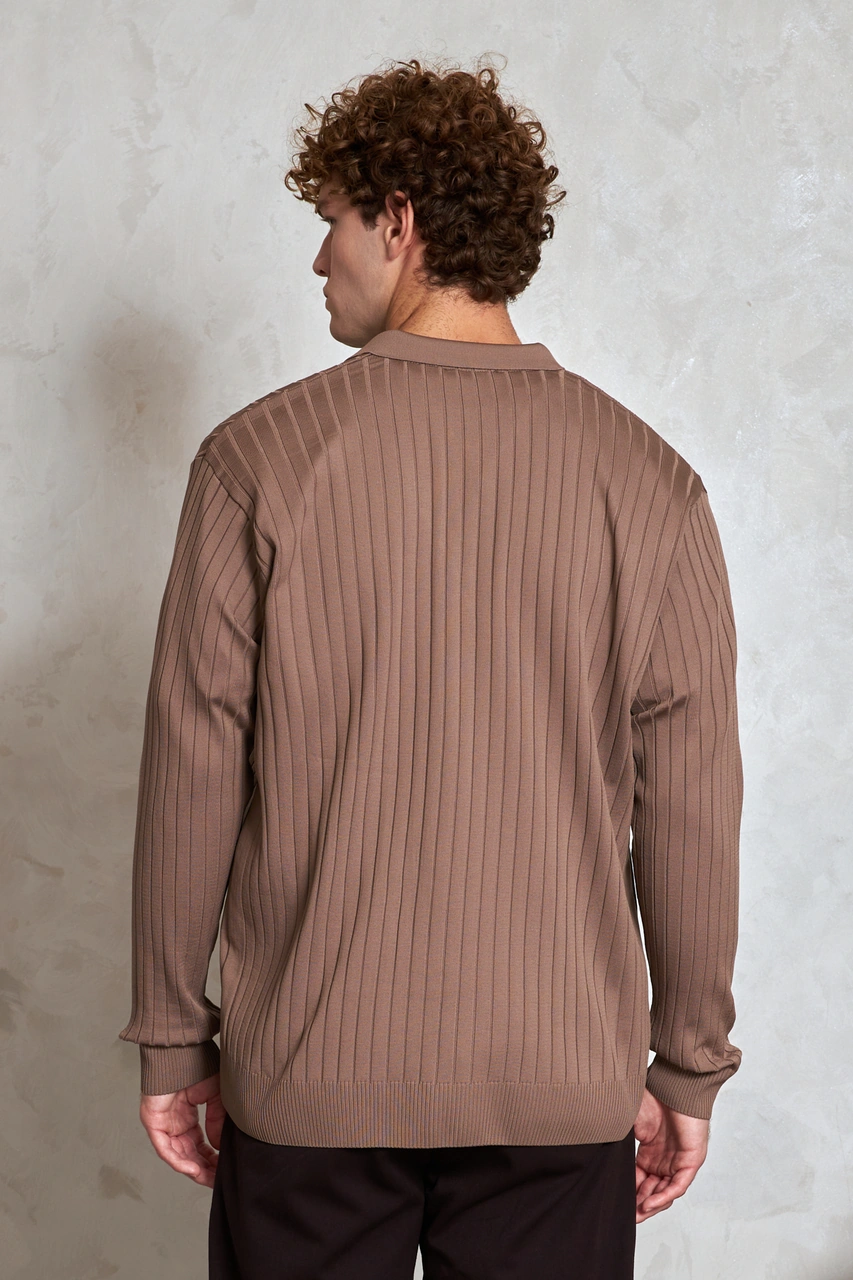 Erkek Polo Yaka Fitilli Oversize Triko Kazak Vizon