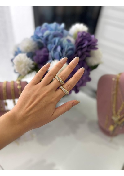 14k Kaplama Sıralı Taşlı Tasarım Yüzük Altın