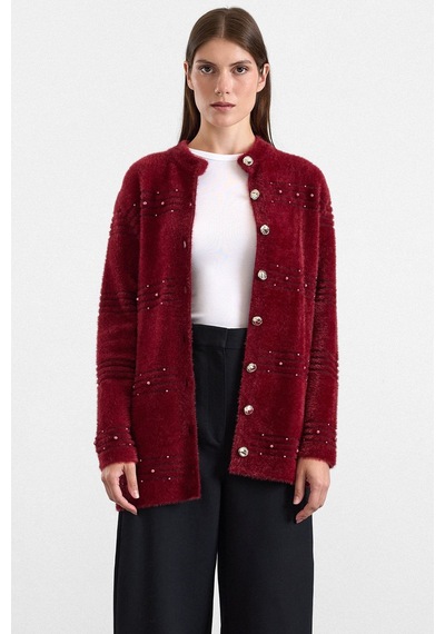 Olcay İnci Detaylı Soft Kumaş Triko Hırka Bordo 8296