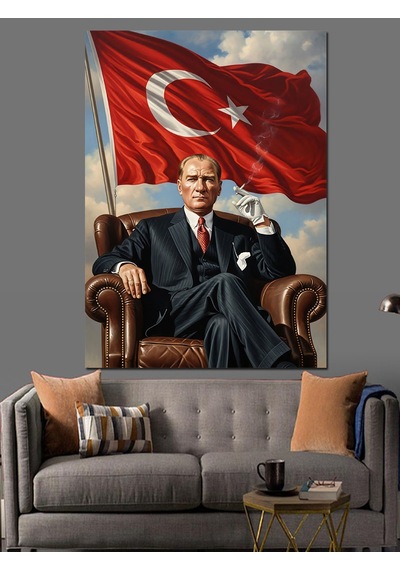 Ahşap Tablo Koltukta Oturan Gururlu Atatürk Portresi
