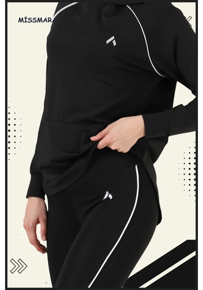 Kadın Eşofman Takım Siyah Üst Tunik & Siyah Regular Fit Lycralı Tayt Dalgıç Kumaş Aktif Spor 3060 Siyah Beyaz Şeritli