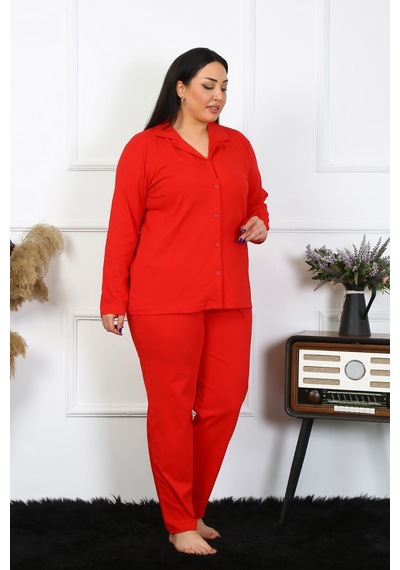 Akbeniz Kadın Büyük Beden Pamuklu Cepli Düğmeli Kırmızı Pijama Takım 202401-kırmızı Kırmızı
