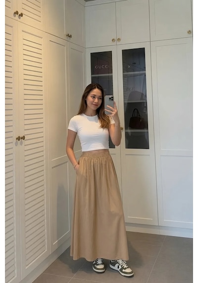 Kadın Bej Poplin Kumaş Uzun Etek Beli Lastikli Günlük Maxi Etek 90 Cm