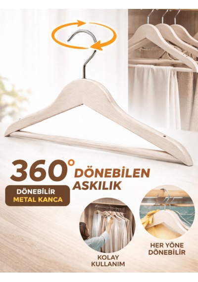 Beylini 3'lu Ahşap Görünümlü Plastik Askılık Yetişkin Kıyafetleri İçin Dayanıklı Elbise Gömlek Kancalı Askı Bej