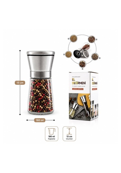 Seramik Öğütücülü 5 Kademe Ayarlı Tuz Ve Karabiber El Değirmeni - 180 Ml Şeffaf Cam Hazne 13 Cm