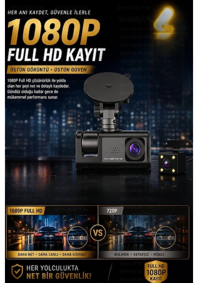 Wifi 1080p 3 Kameralı Araç İçi Kamera Lcd Ekranlı Gece Görüşlü G Sensörlü Geniş Açılı
