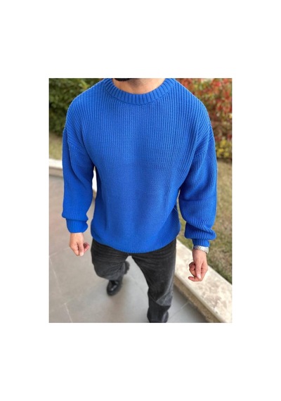 Elku Moda Kazak Oversize Çift Kat Örme Naturel Pamuk Bisiklet Yaka Bol Kesim Tüylenmeyen Salaş Örme Triko Açık Bej