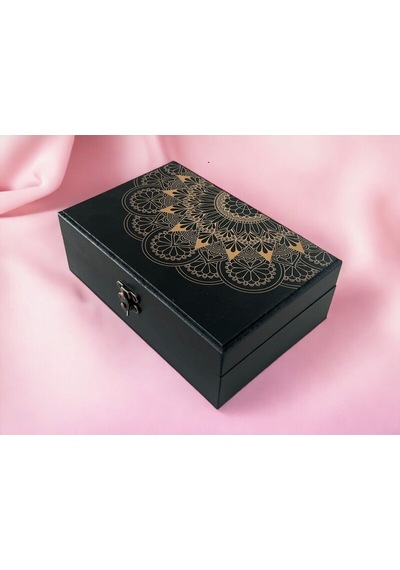 Ahşap Desenli Siyah Takı Kutusu / Ahşap Organizer / 16x24 Cm