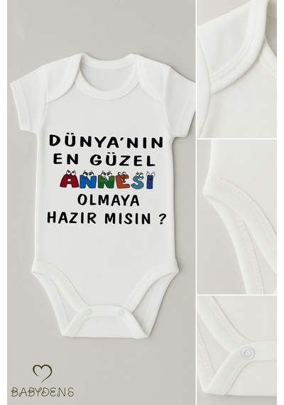 Babyden's Dünyanın En Güzel Annesi Olmaya Hazır Mısın Yazılı Çıtçıtlı Bebek Body %100 Pamuk Kısa Kollu Zıbın Beyaz