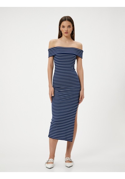 Koton Madonna Yaka Kalem Elbise Midi Boy Yırtmaç Detaylı Slim Fit Lacivert Çizgili 4sal80217ık Koton Madonna Yaka Kalem Elbise Midi Boy Yırtmaç Detaylı Slim Fit Lacivert Çizgili 4sal80217ık