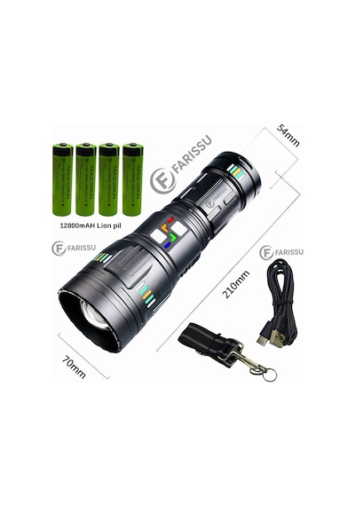 200w Süper Güçlü Lazer Led El Feneri - 6000 Lümen, 3000m Menzil Ve Powerbank Özellikli 4 Pilli Set Siyah