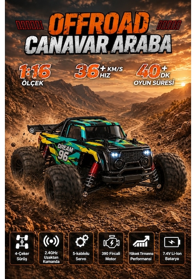 Sarı 1:16 Rc Araba 36 Km/h Hızlı 4x4 Uzaktan Kumandalı Off Road Drift Araç Şarjlı 2.4ghz