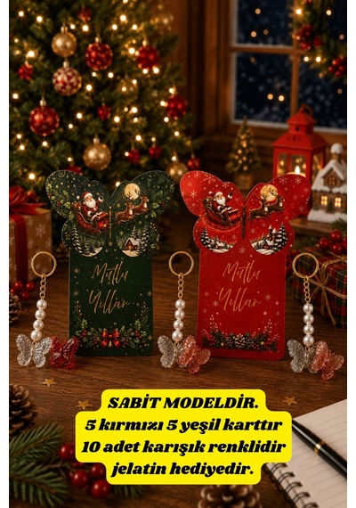 Butterfly Yeşil & Kırmızı Noel Baba Kartlı Renkli Kelebek Anahtarlık - Yılbaşı Hediyesi - 10x13cm