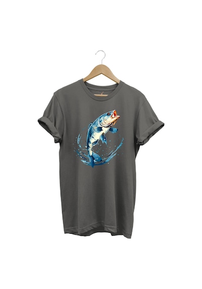 Balıkçılık Levrek Balığı Baskılı Renkli Tasarım %100 Pamuk Regular Fit Bisiklet Yaka Gri T-shirt Gri