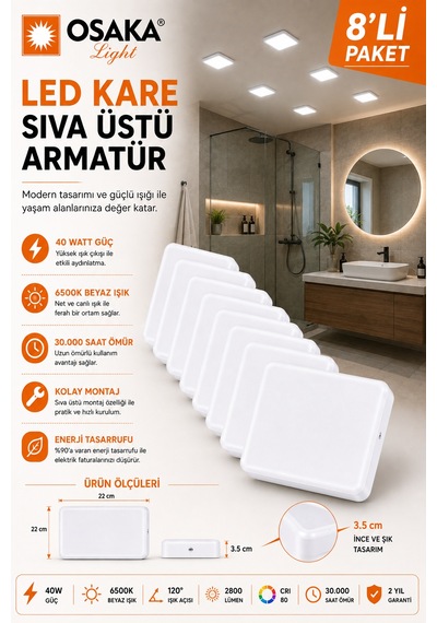 8 Adet Osaka 40w Kare Sıva Üstü Armatür Beyaz Işık 6500k